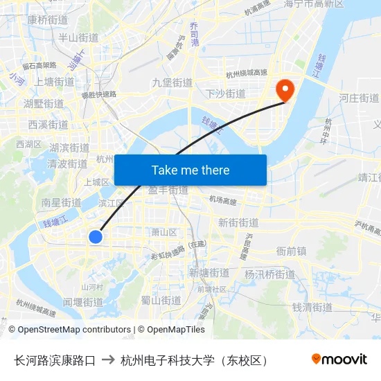 长河路滨康路口 to 杭州电子科技大学（东校区） map