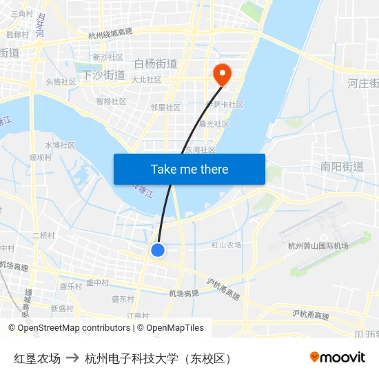 红垦农场 to 杭州电子科技大学（东校区） map