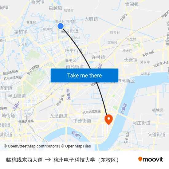 临杭线东西大道 to 杭州电子科技大学（东校区） map