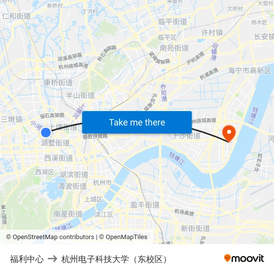 福利中心 to 杭州电子科技大学（东校区） map