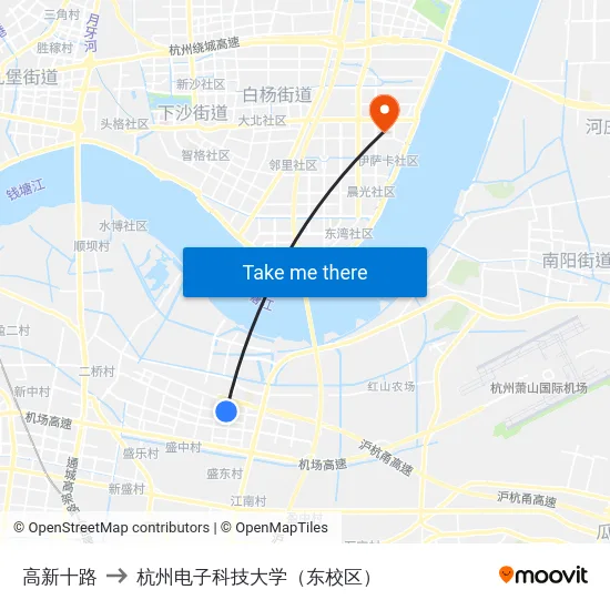 高新十路 to 杭州电子科技大学（东校区） map
