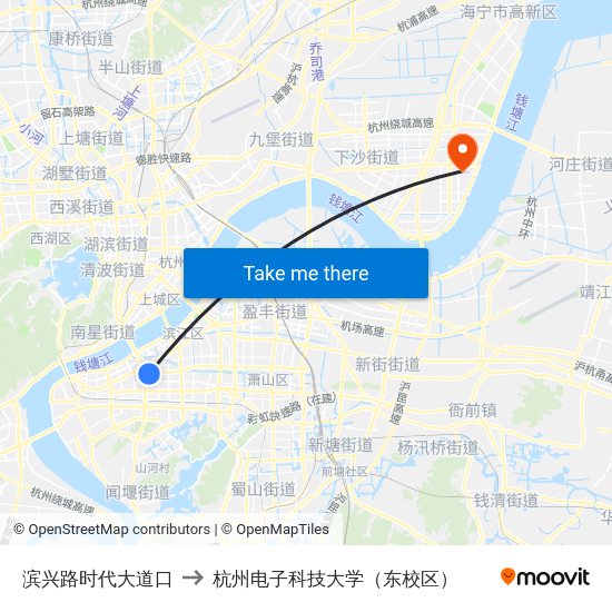 滨兴路时代大道口 to 杭州电子科技大学（东校区） map