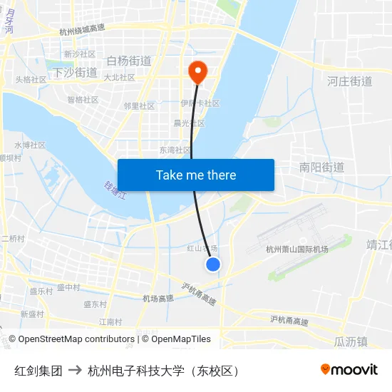 红剑集团 to 杭州电子科技大学（东校区） map