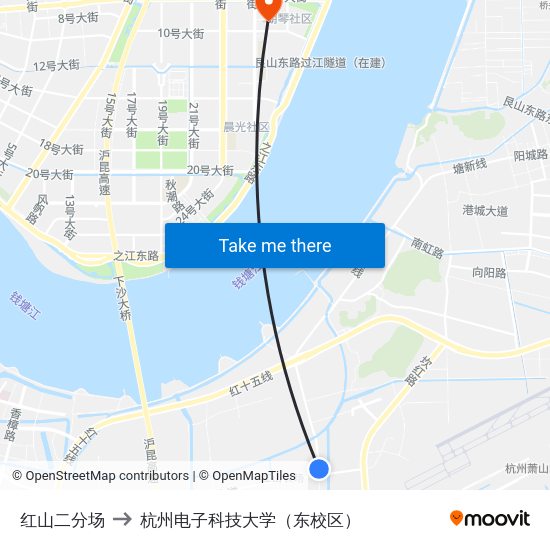 红山二分场 to 杭州电子科技大学（东校区） map