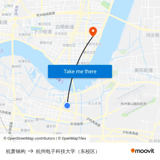杭萧钢构 to 杭州电子科技大学（东校区） map