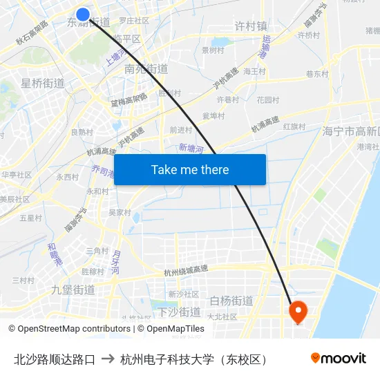 北沙路顺达路口 to 杭州电子科技大学（东校区） map