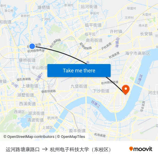 运河路塘康路口 to 杭州电子科技大学（东校区） map