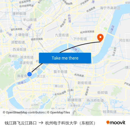 钱江路飞云江路口 to 杭州电子科技大学（东校区） map