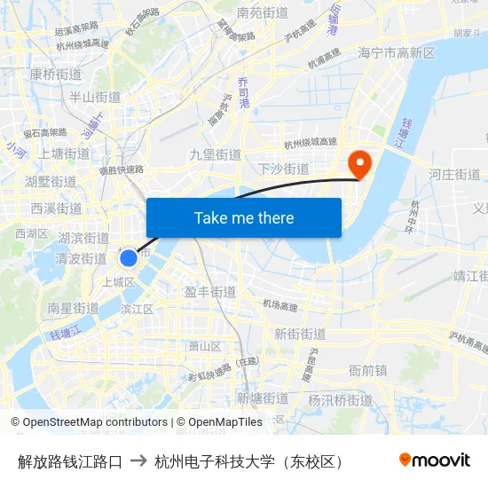 解放路钱江路口 to 杭州电子科技大学（东校区） map