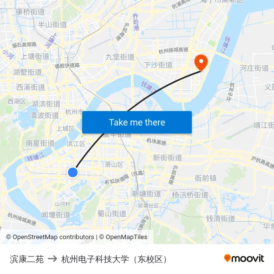 滨康二苑 to 杭州电子科技大学（东校区） map