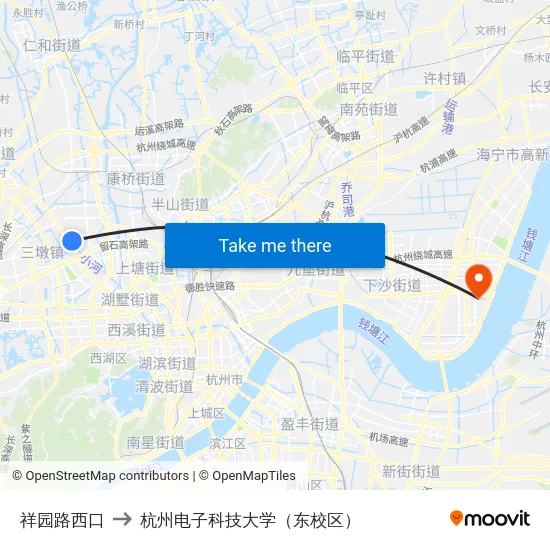 祥园路西口 to 杭州电子科技大学（东校区） map