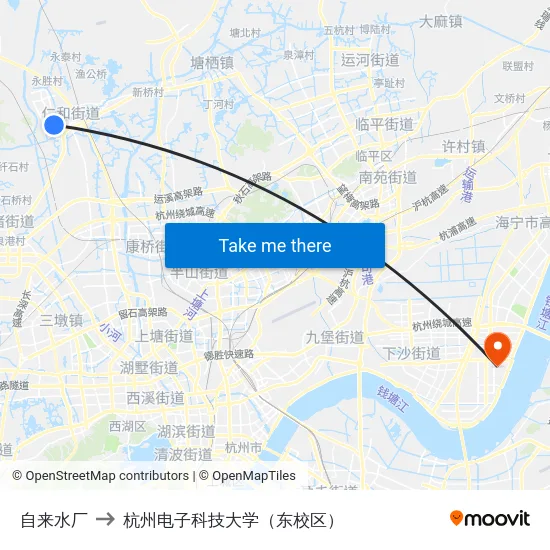 自来水厂 to 杭州电子科技大学（东校区） map