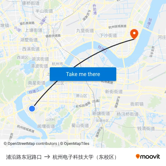 浦沿路东冠路口 to 杭州电子科技大学（东校区） map