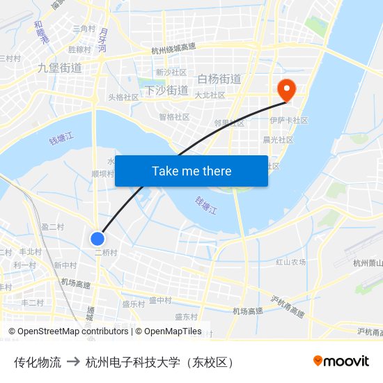 传化物流 to 杭州电子科技大学（东校区） map