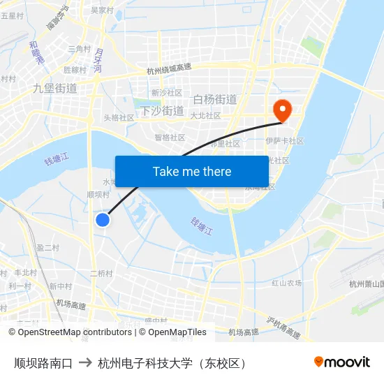 顺坝路南口 to 杭州电子科技大学（东校区） map