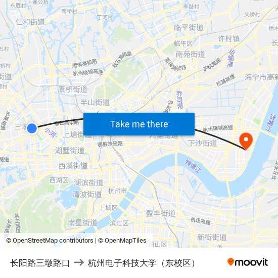 长阳路三墩路口 to 杭州电子科技大学（东校区） map