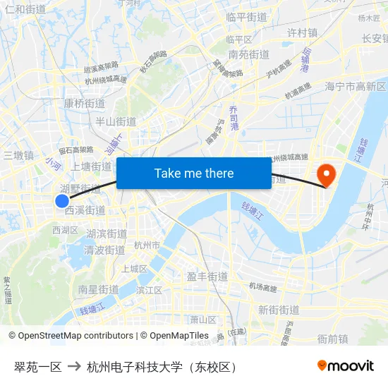 翠苑一区 to 杭州电子科技大学（东校区） map
