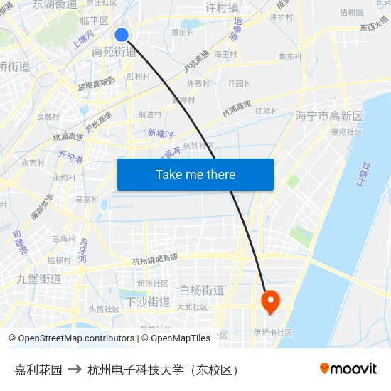 嘉利花园 to 杭州电子科技大学（东校区） map