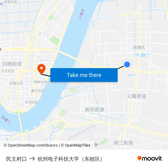 民主村口 to 杭州电子科技大学（东校区） map