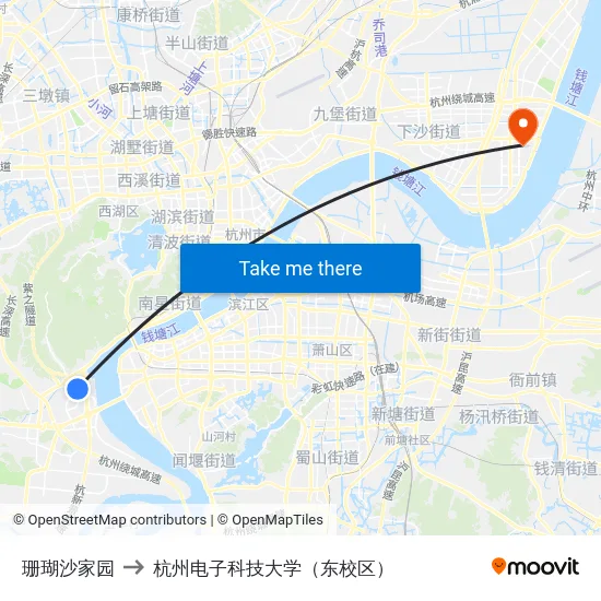珊瑚沙家园 to 杭州电子科技大学（东校区） map