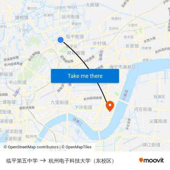 临平第五中学 to 杭州电子科技大学（东校区） map