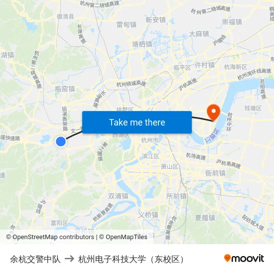余杭交警中队 to 杭州电子科技大学（东校区） map