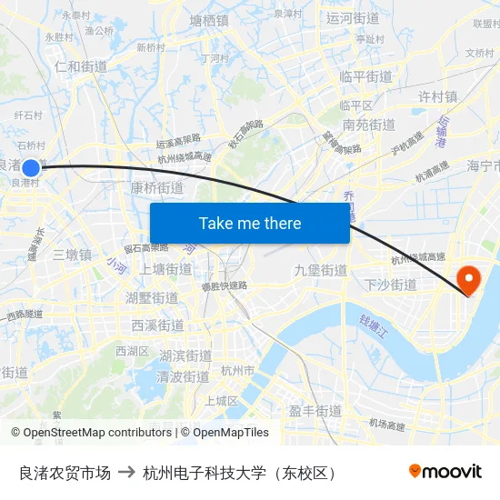 良渚农贸市场 to 杭州电子科技大学（东校区） map