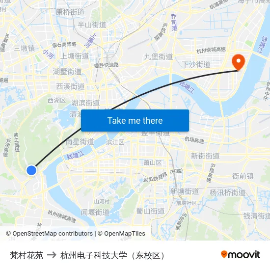 梵村花苑 to 杭州电子科技大学（东校区） map