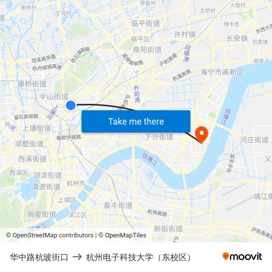 华中路杭玻街口 to 杭州电子科技大学（东校区） map