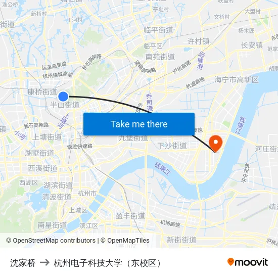 沈家桥 to 杭州电子科技大学（东校区） map