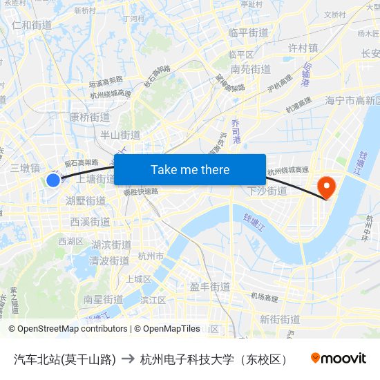 汽车北站(莫干山路) to 杭州电子科技大学（东校区） map