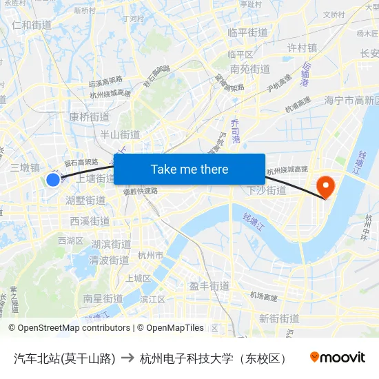 汽车北站(莫干山路) to 杭州电子科技大学（东校区） map