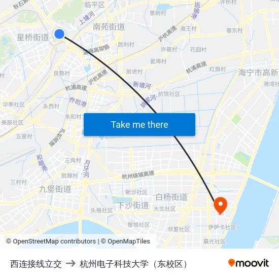 西连接线立交 to 杭州电子科技大学（东校区） map