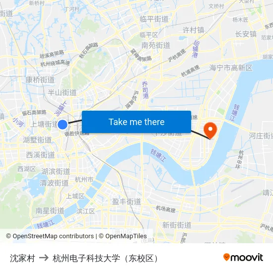 沈家村 to 杭州电子科技大学（东校区） map