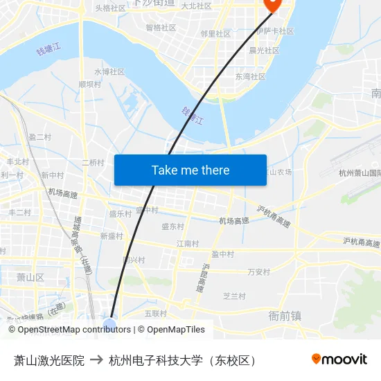 萧山激光医院 to 杭州电子科技大学（东校区） map