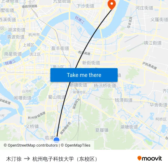 木汀徐 to 杭州电子科技大学（东校区） map