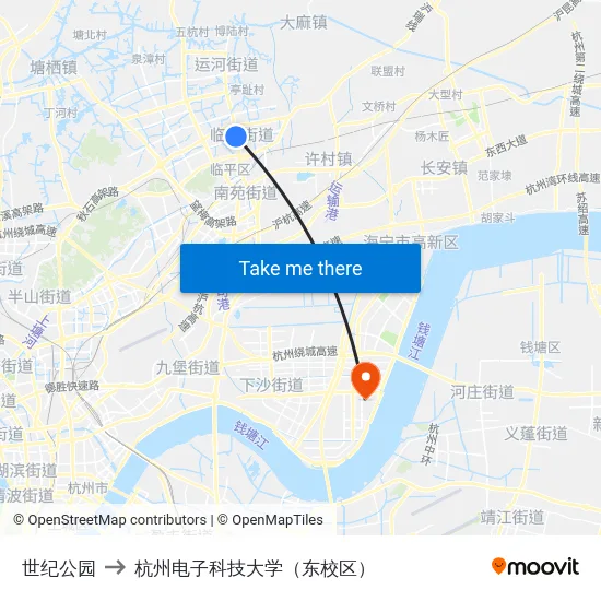 世纪公园 to 杭州电子科技大学（东校区） map