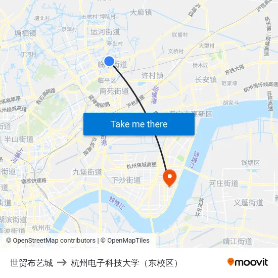 世贸布艺城 to 杭州电子科技大学（东校区） map