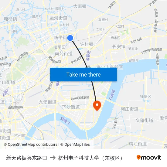 新天路振兴东路口 to 杭州电子科技大学（东校区） map