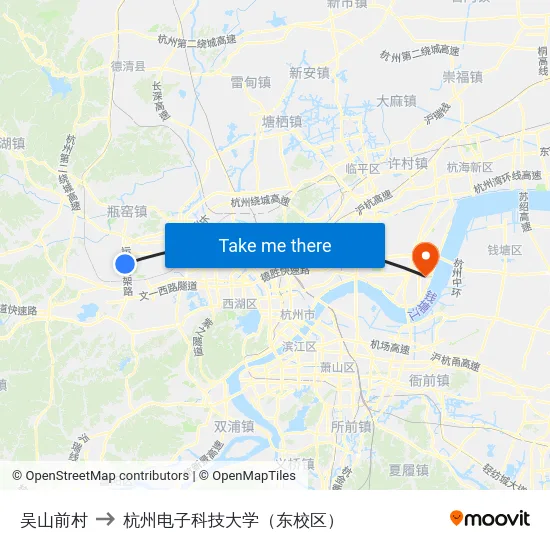 吴山前村 to 杭州电子科技大学（东校区） map