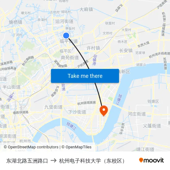 东湖北路五洲路口 to 杭州电子科技大学（东校区） map