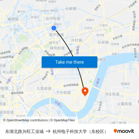东湖北路兴旺工业城 to 杭州电子科技大学（东校区） map