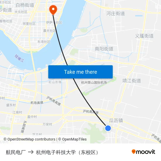 航民电厂 to 杭州电子科技大学（东校区） map