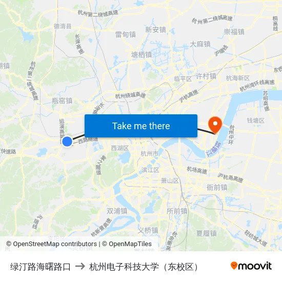 绿汀路海曙路口 to 杭州电子科技大学（东校区） map