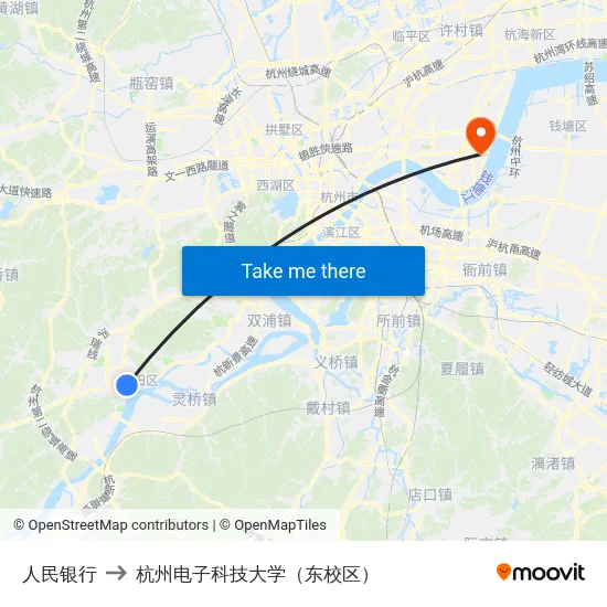 人民银行 to 杭州电子科技大学（东校区） map