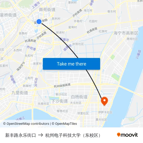 新丰路永乐街口 to 杭州电子科技大学（东校区） map