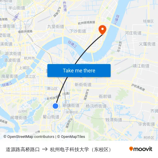 道源路高桥路口 to 杭州电子科技大学（东校区） map