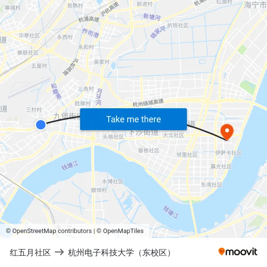 红五月社区 to 杭州电子科技大学（东校区） map