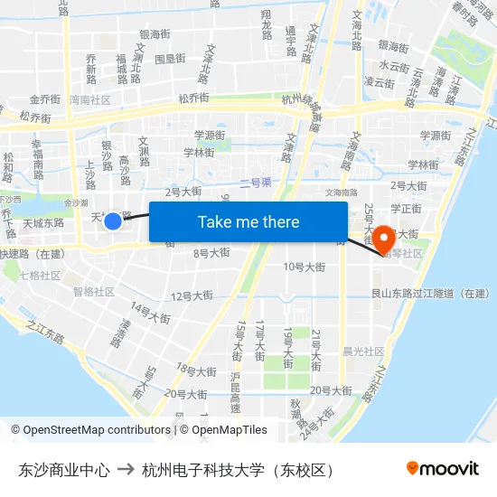 东沙商业中心 to 杭州电子科技大学（东校区） map