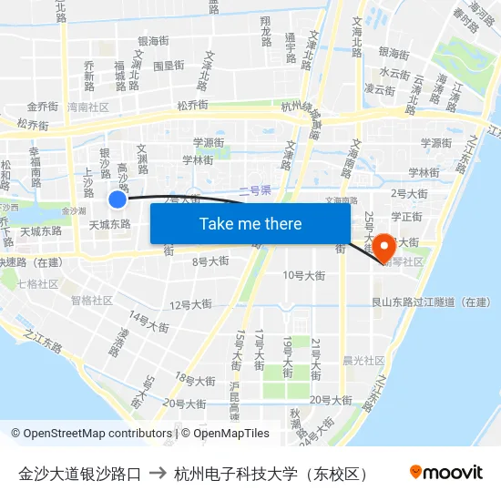 金沙大道银沙路口 to 杭州电子科技大学（东校区） map